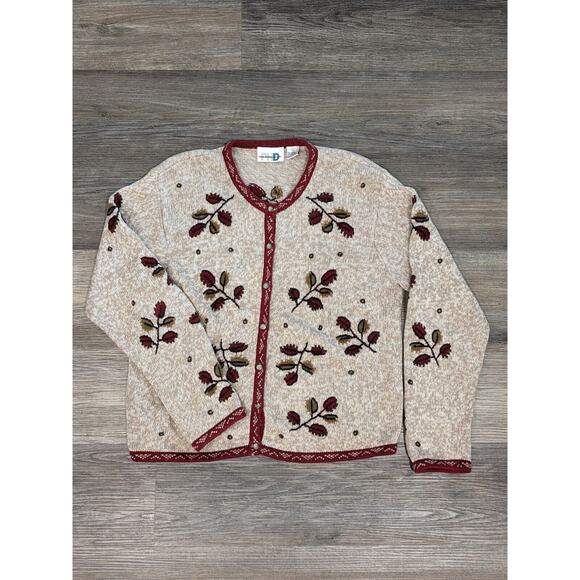 VTG Paul Harris Knit Beige Button Up Cardigan Sweater Womens L Fall Embroidery - Picture 1 of 8